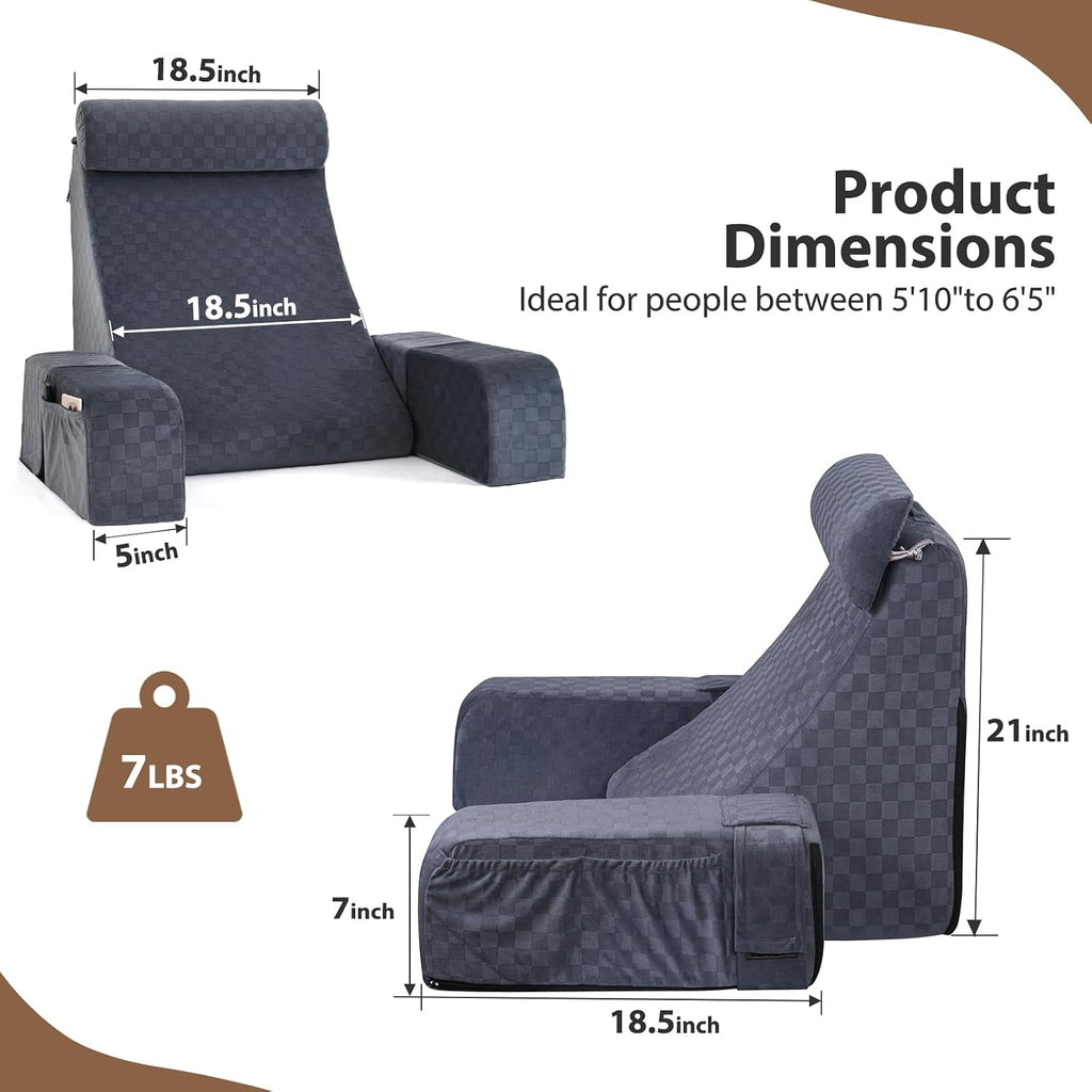 Vekkia 21" Large Reading Pillow with Adjustable Arms & Headrest – Wide Backrest Cushion for Adults with Extra-Large Pockets for Reading…