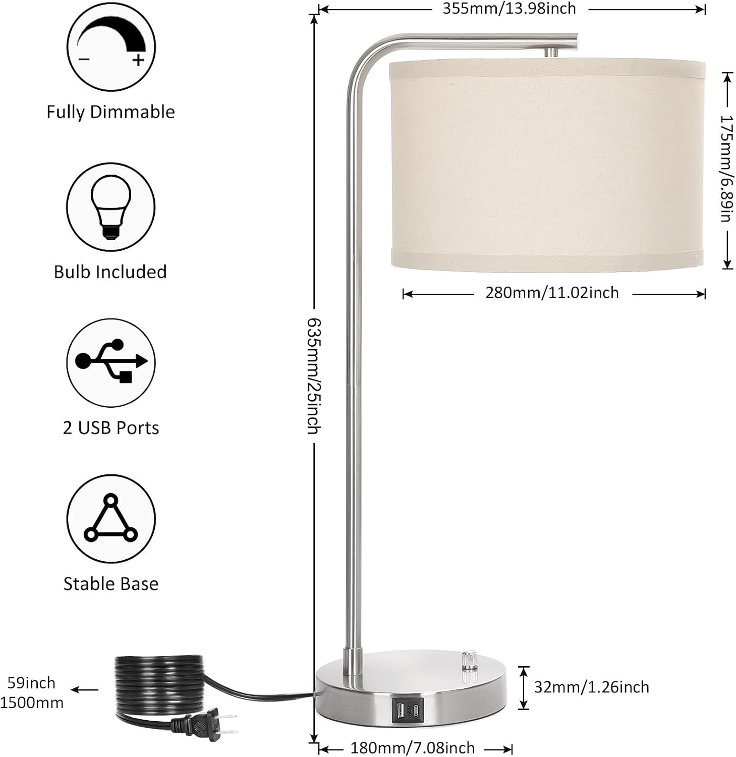 Table Lamp for Living Room, Modern Bedside Lamp with USB C+A Ports, Fully Dimmable Nightstand Lamp with Beige Drum Shade, Silver Finish…
