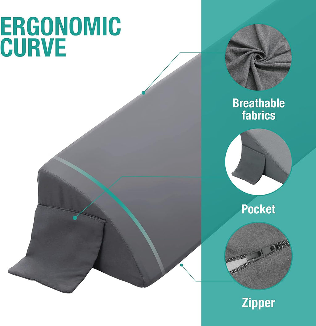 Vekkia Queen Bed Wedge Pillow for Headboard Gap, 0–6" Gap Filler with Side Pockets & Washable Cover, Gray 60"x10"x6"
