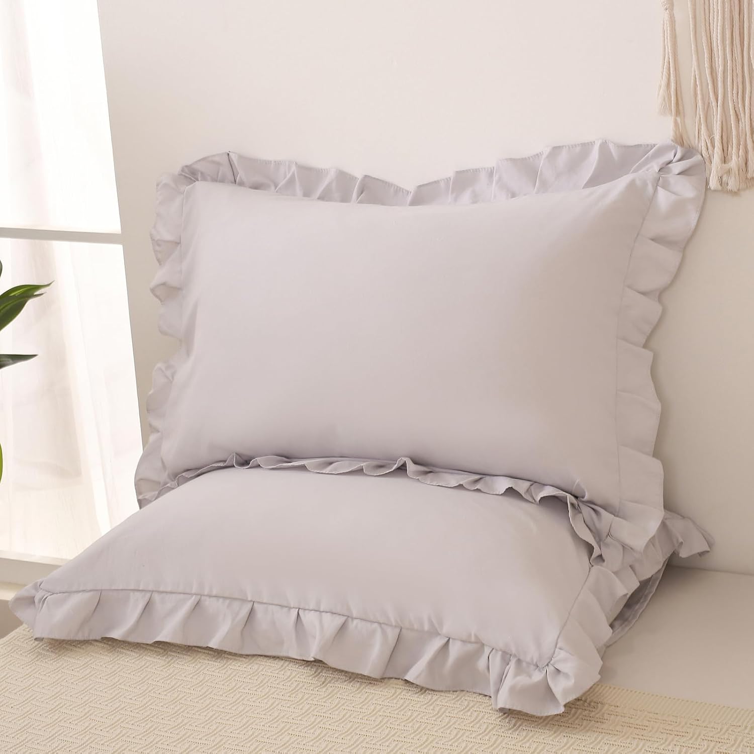 Merryword Beige Gray Pillow Shams Cute Ruffle Queen Pillowcases Solid Pillow Cover Set of 2 Shabby Chic Soft Light Gray Pillowcases 2 Pack…