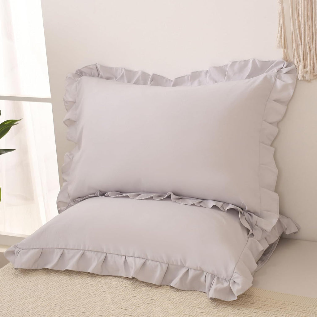 Merryword Beige Gray Pillowcases King Pillowcases Ruffled Pillow Shams Set of 2 Cute Pillowcases Solid Ruffled Fringe Design Light Gray Sha…