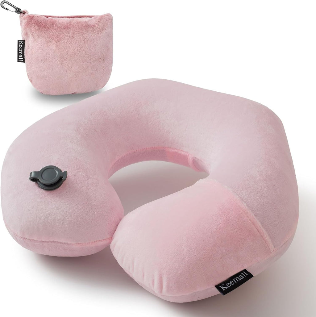 Keemall Inflatable Neck Pillow, Premium Pink U-Shaped Travel Pillow with Soft Washable Cover, Compact Portable Airplane Travel Essentials…