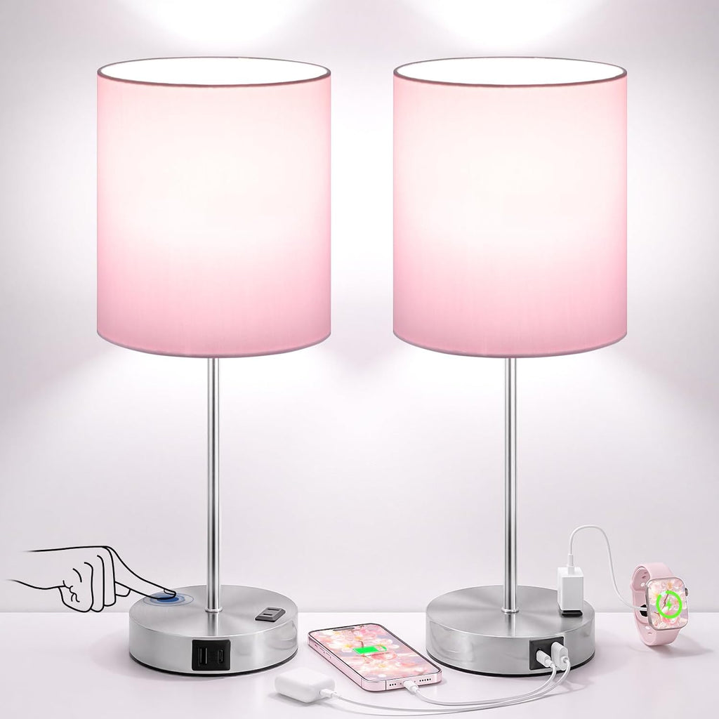 Fenmzeelighting Pink Touch Lamps for Nightstand Set of 2 - Bedside Table Lamp for Bedroom with Dual USB Ports & AC Outlet, 3-Way Dimmable L…
