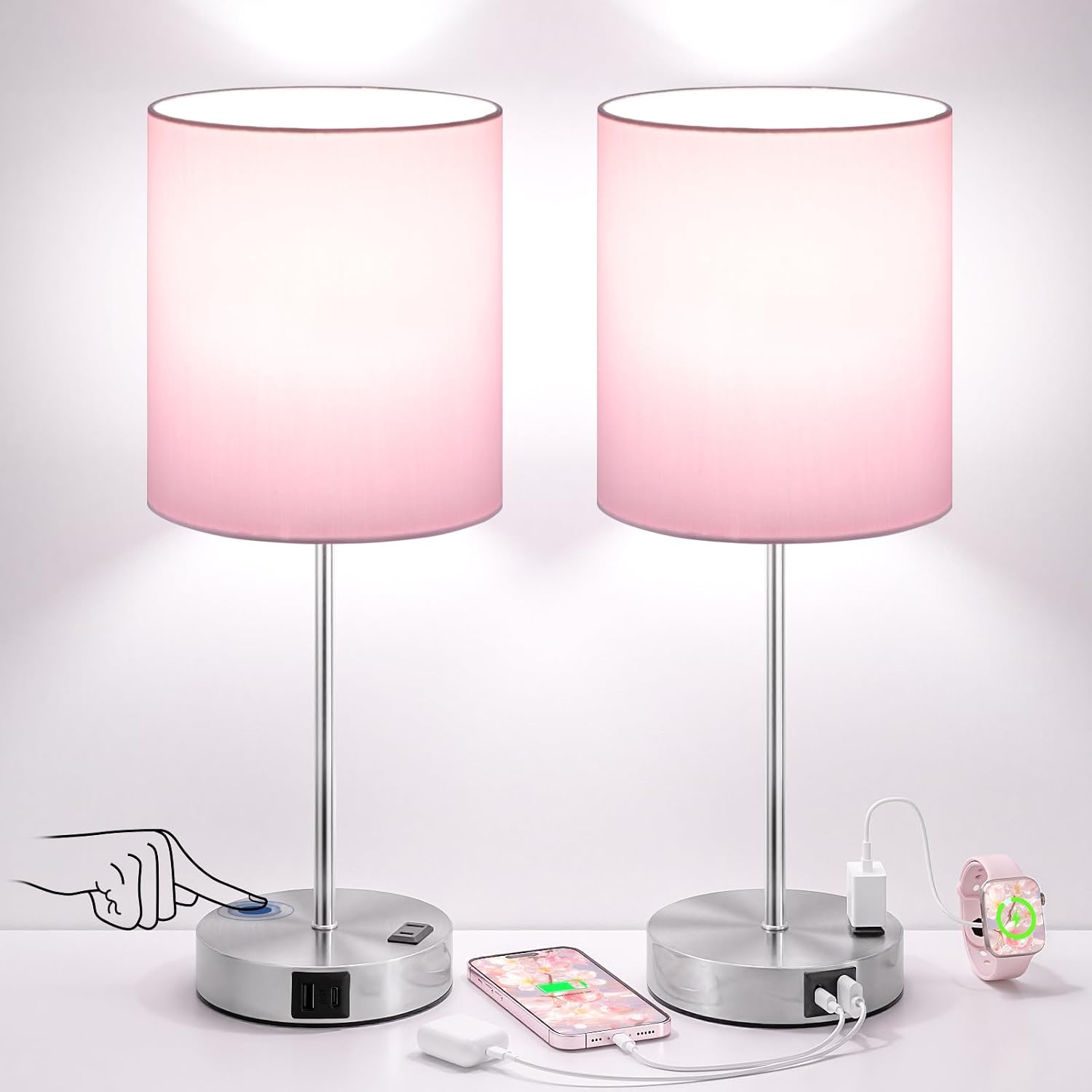 Fenmzeelighting Pink Touch Lamps for Nightstand Set of 2 - Bedside Table Lamp for Bedroom with Dual USB Ports & AC Outlet, 3-Way Dimmable L…