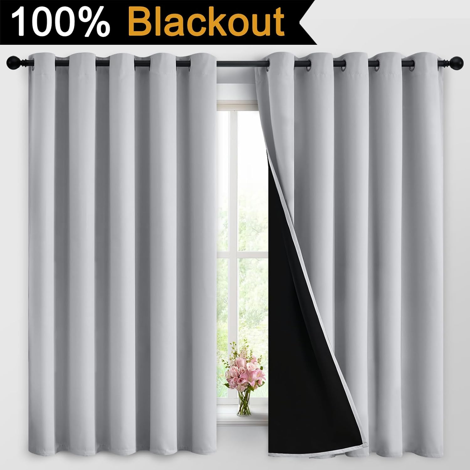 Yakamok 2 Thick Layers 100% Completely Blackout Window Curtains, Thermal Insulated Noise Reducing Drapes for Girl's Bedroom(62Wx63L, Light G…