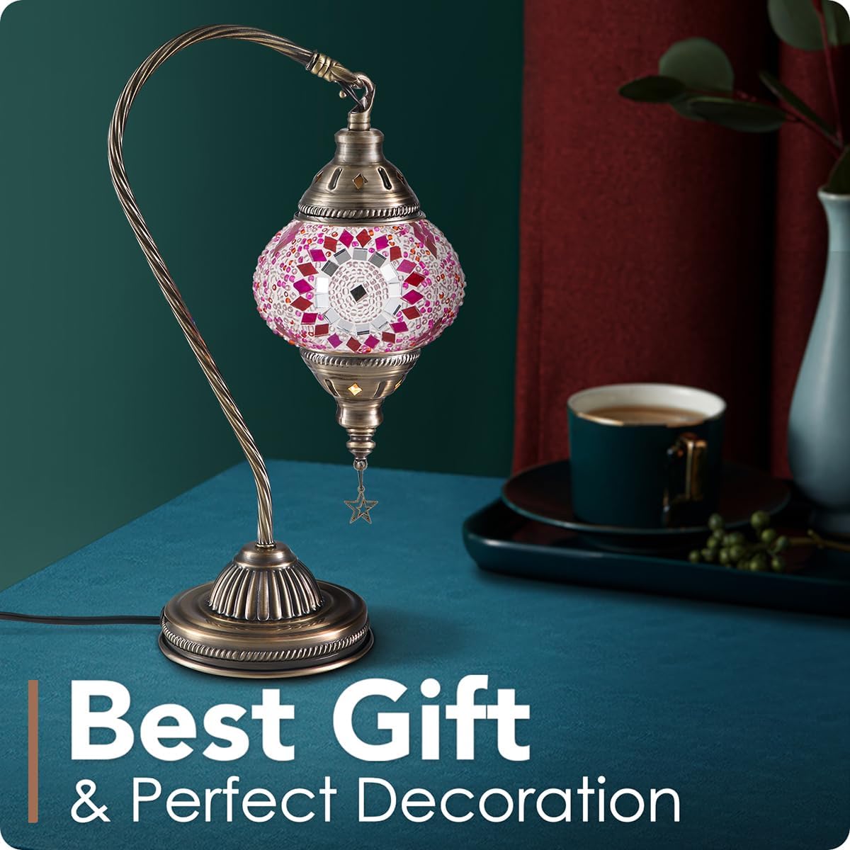 Yarra-Decor Turkish Moroccan Lamp with Bronze Base 3 Color Options Handmade Swan Neck Tiffany Mosaic Glass Bedside Lamps for Bedroom (LED…