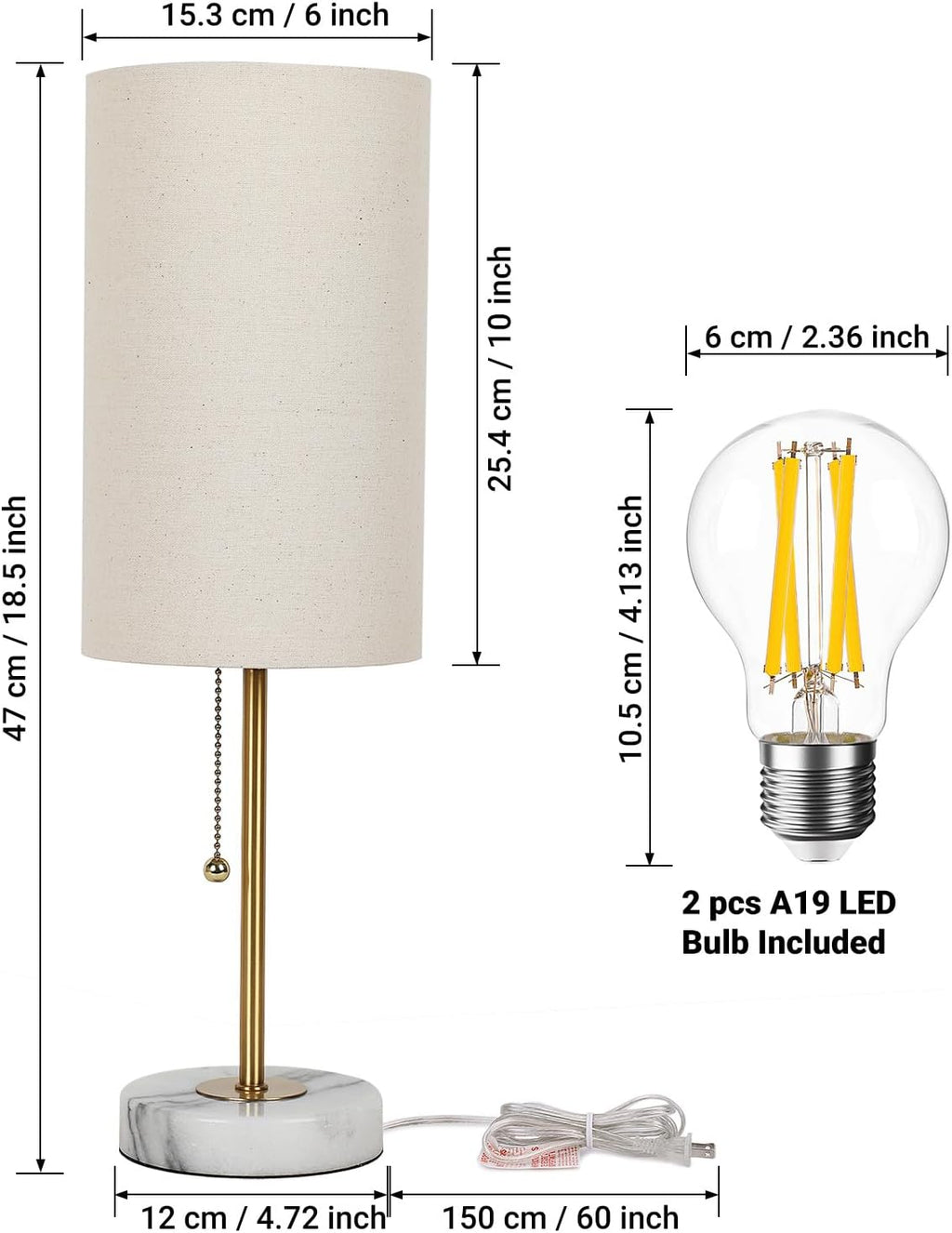 JUNNAI 18.5" Desk Lamp & Table Lamp Set of 2, Skinny Bedside Lamp with Marble Base, Pull Chain Switch, 3-Way Dimmable, Linen Fabric…