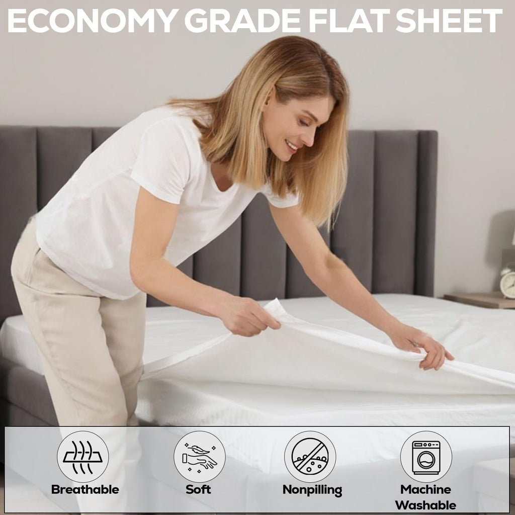 Goldtextiles Twin Flat Sheet Pack of 12 Bulk (66 x 108 Inches) White Polycotton T-200 Percale Weave - Top Bed Sheet for Home Bedding, Hospi…