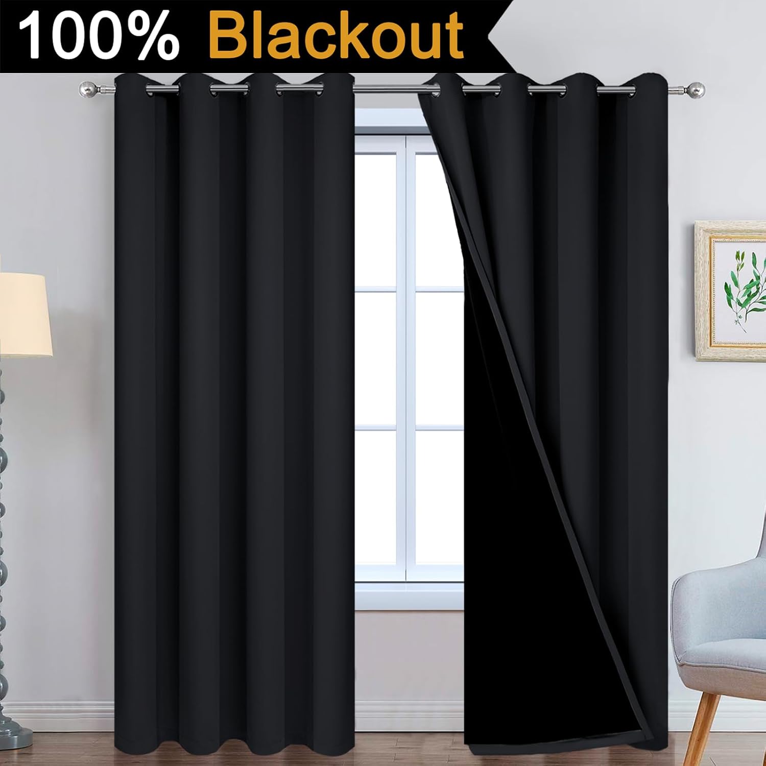 Yakamok 90 Inch Length 100% Blackout Curtains for Bedroom, 2 Thick Layers Thermal Insulated Grommet Total Blackout Drapes with Black Liner…