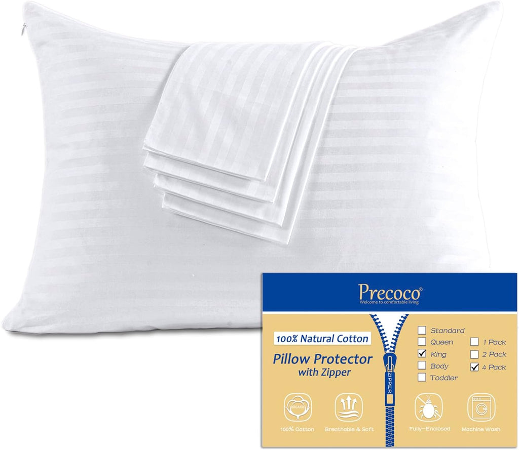 100% Cotton King Pillow Protectors with Zipper, White Pillow Cases King Size Set of 4 for Home & Hotel, Sateen Soft Cooling Hidden…