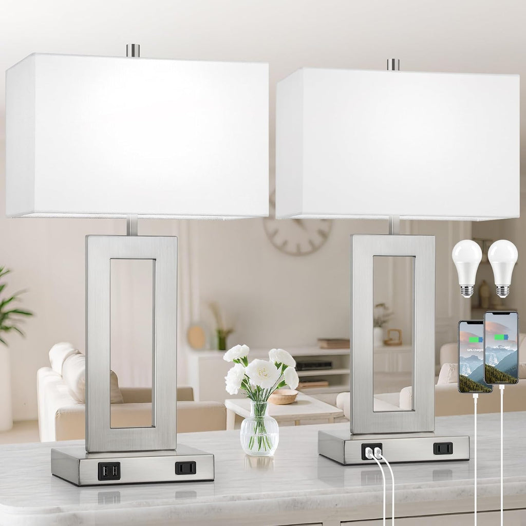 Tobusa Modern Silver Table Lamps Set of 2, 28inch Tall Lamps for Living Room Bedroom with 2 USB Ports&AC Outlet, 3 Way Dimmable Touch Contr…