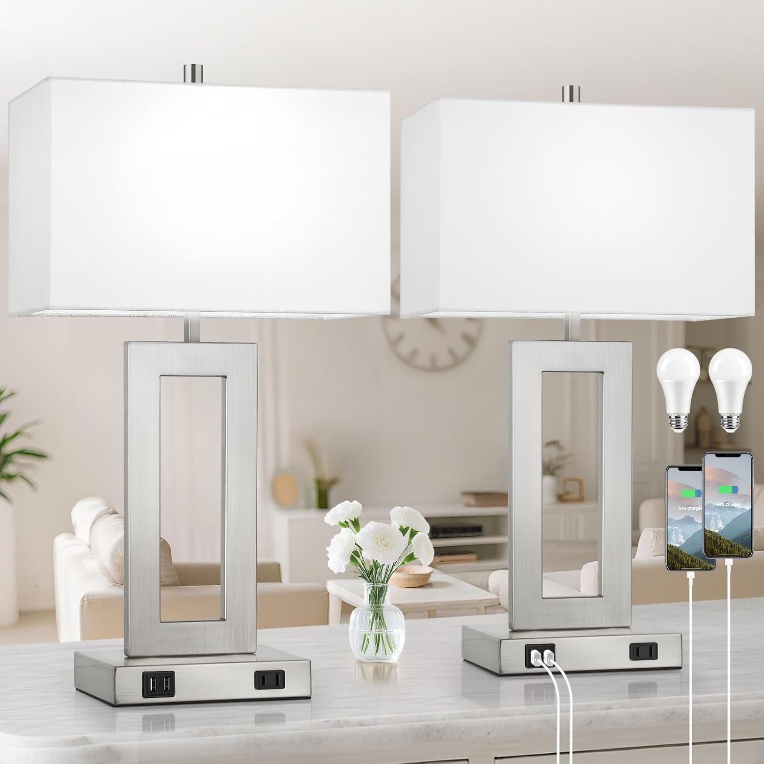 Tobusa Modern Silver Table Lamps Set of 2, 28inch Tall Lamps for Living Room Bedroom with 2 USB Ports&AC Outlet, 3 Way Dimmable Touch Contr…