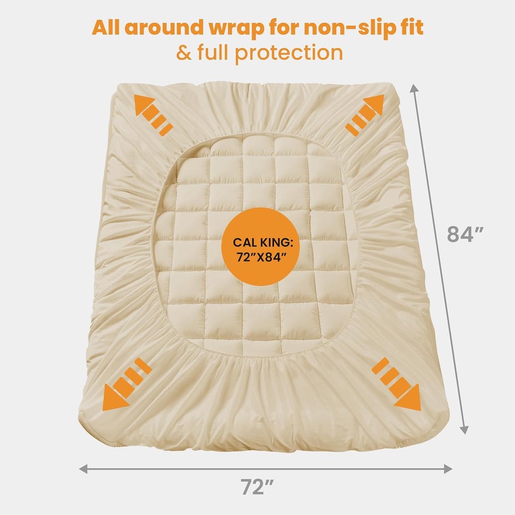 Matbeby California King Quilted Fitted Mattress Pad - Breathable, Fluffy, Cooling, Deep Pocket, Machine Washable, Beige