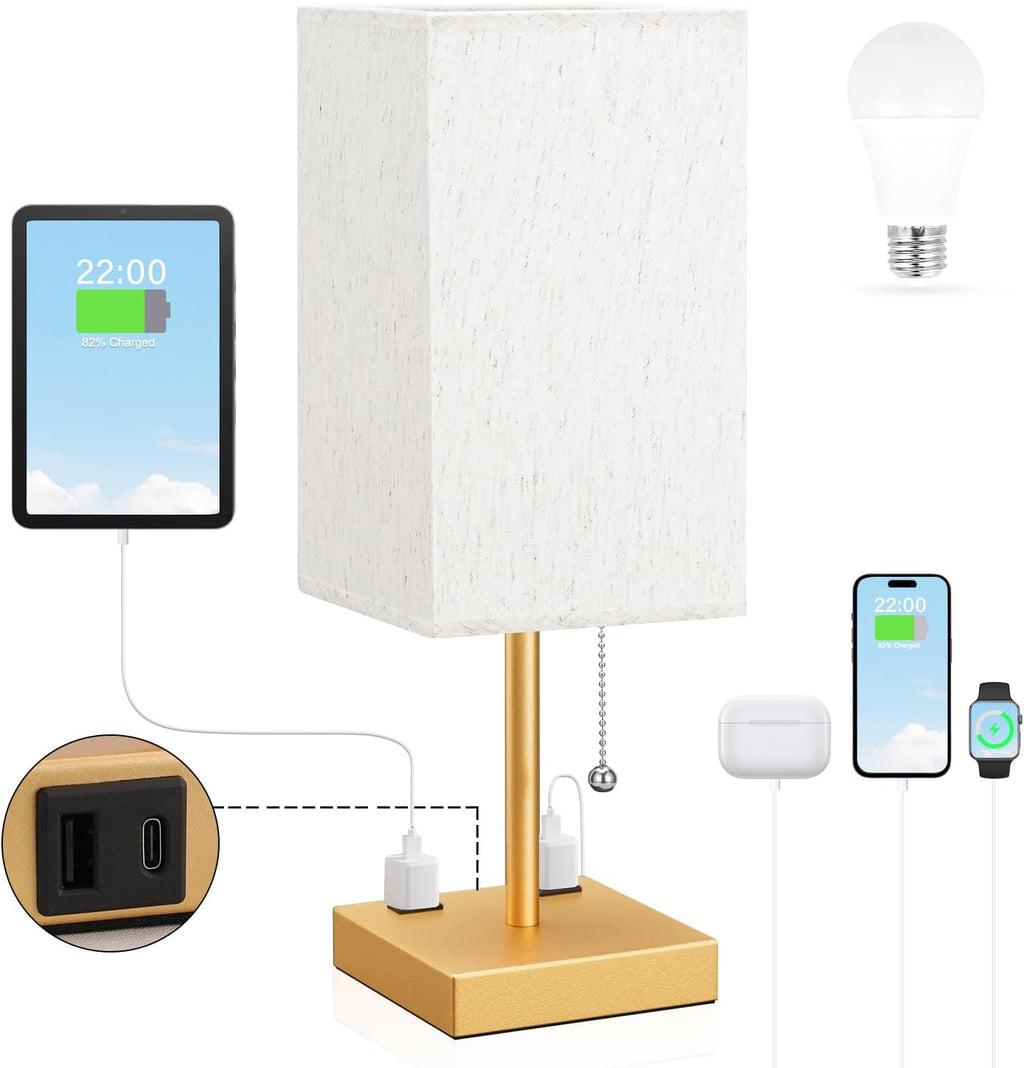 Aooshine Medium Table Lamp with USB Ports - 3 Color Temperature Bedside Lamp for Bedroom, Pull Chain Control, USB A and C Ports, 2 AC Outle…