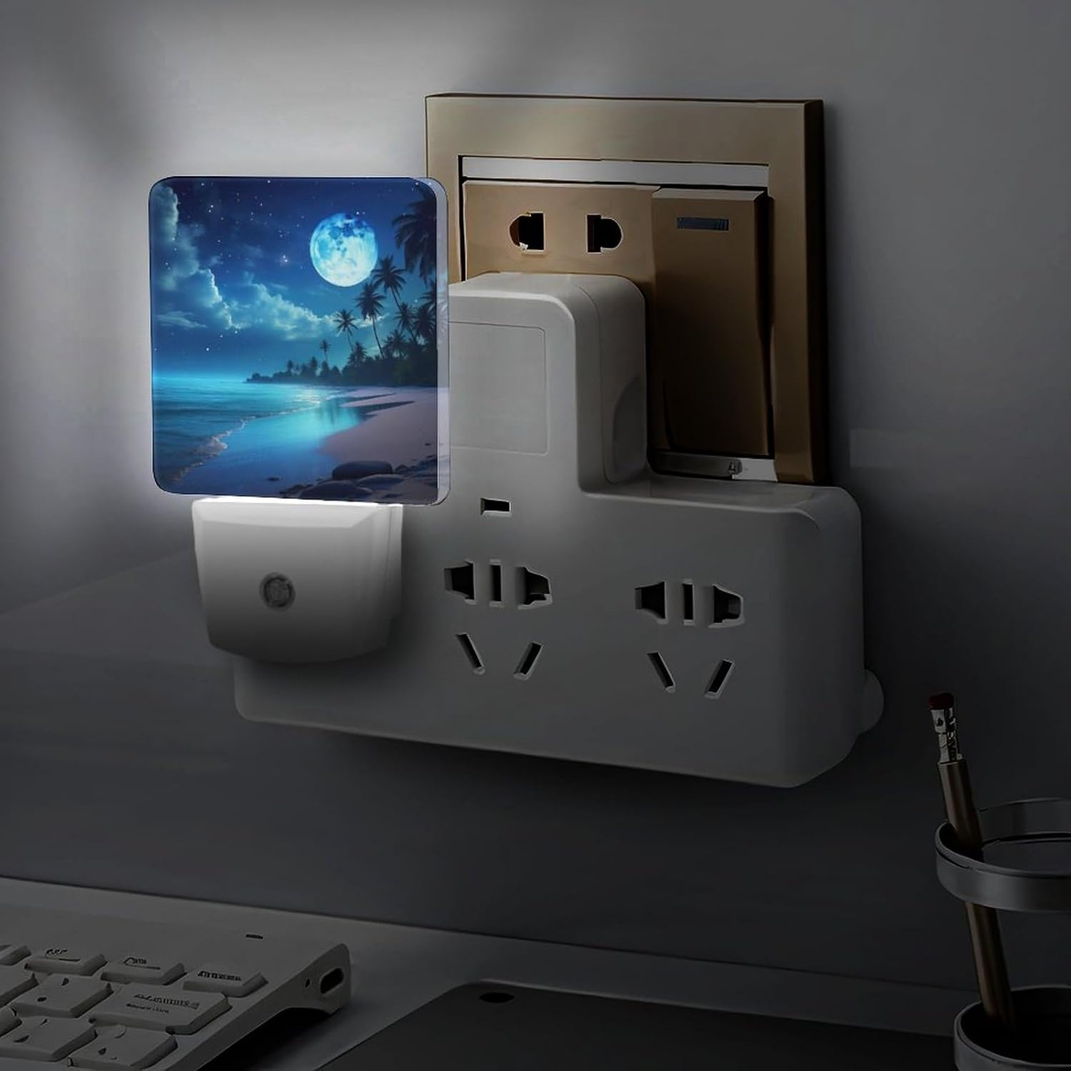 YKJAHSD Moon Beach Night Light, Plug into Wall Decor Nightlights for Bedroom, Bathroom, Hallway, Kitchen, with Dusk to Dawn Light Au…