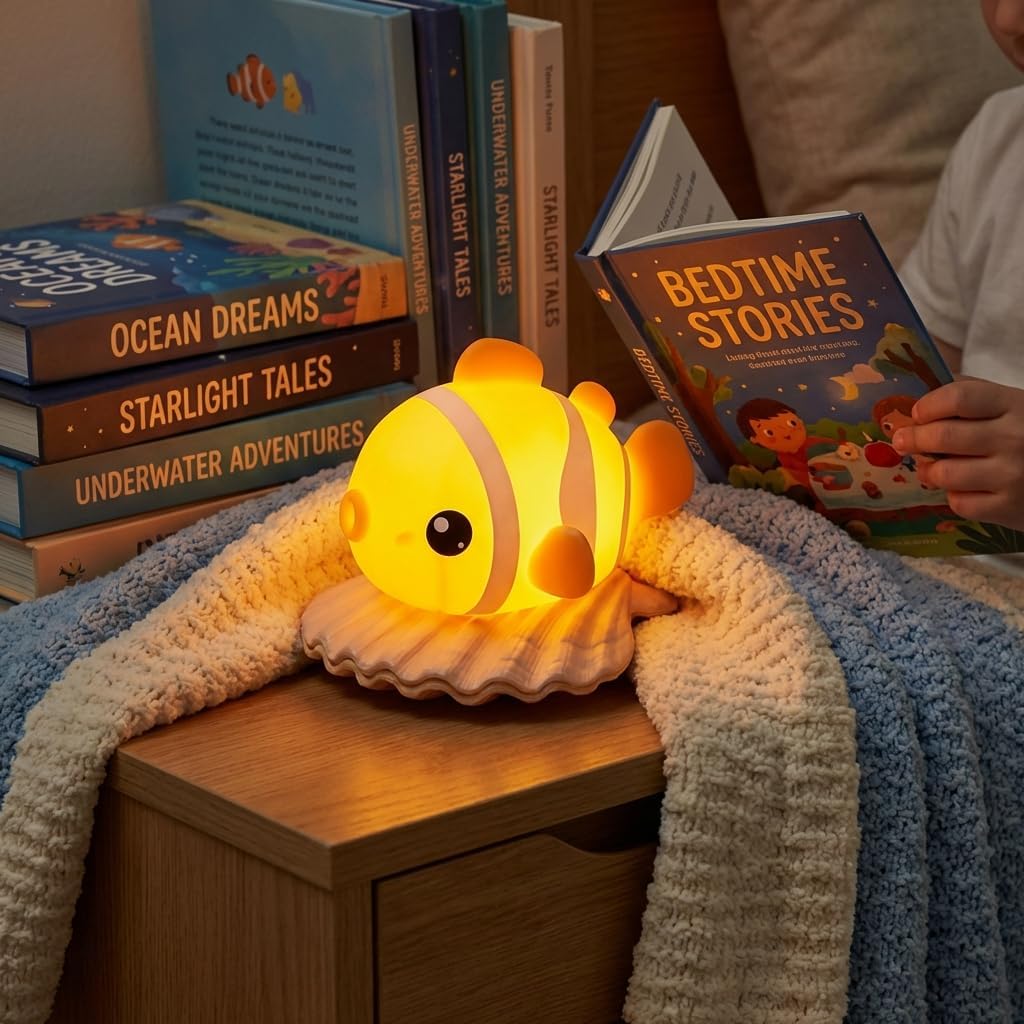 Avacom Cute Clownfish Night Light - Soft Squishy Silicone Pat Lamp with 3-Level Brightness Adjustment, Timer Function, Rechargeable Touch C…