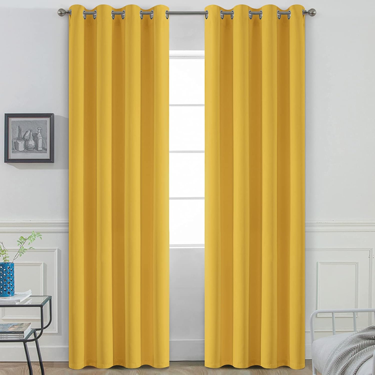 Yakamok Grommet Room Darkening Soft Thermal Insulated Mustard Yellow Blackout Curtains Window Panels for Bedroom, Width 52 Inch by Length…
