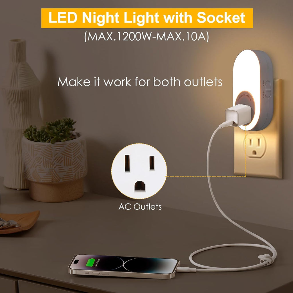 Dawnrise Night Lights Plug Into Wall, Dusk to Dawn Sensor Night Light with Power Outlet, CCT 2200K/4000K,5/20LM Adjustable Brightness for…