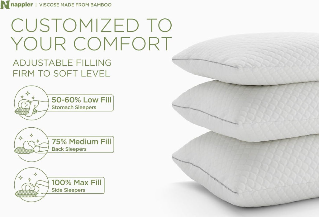 Nappler Cooling Pillow for hot Sleepers - Bed Pillows Queen Size Set of 2 - Adjustable Shredded Memory Foam - Medium to Firm Pillows for Ba…