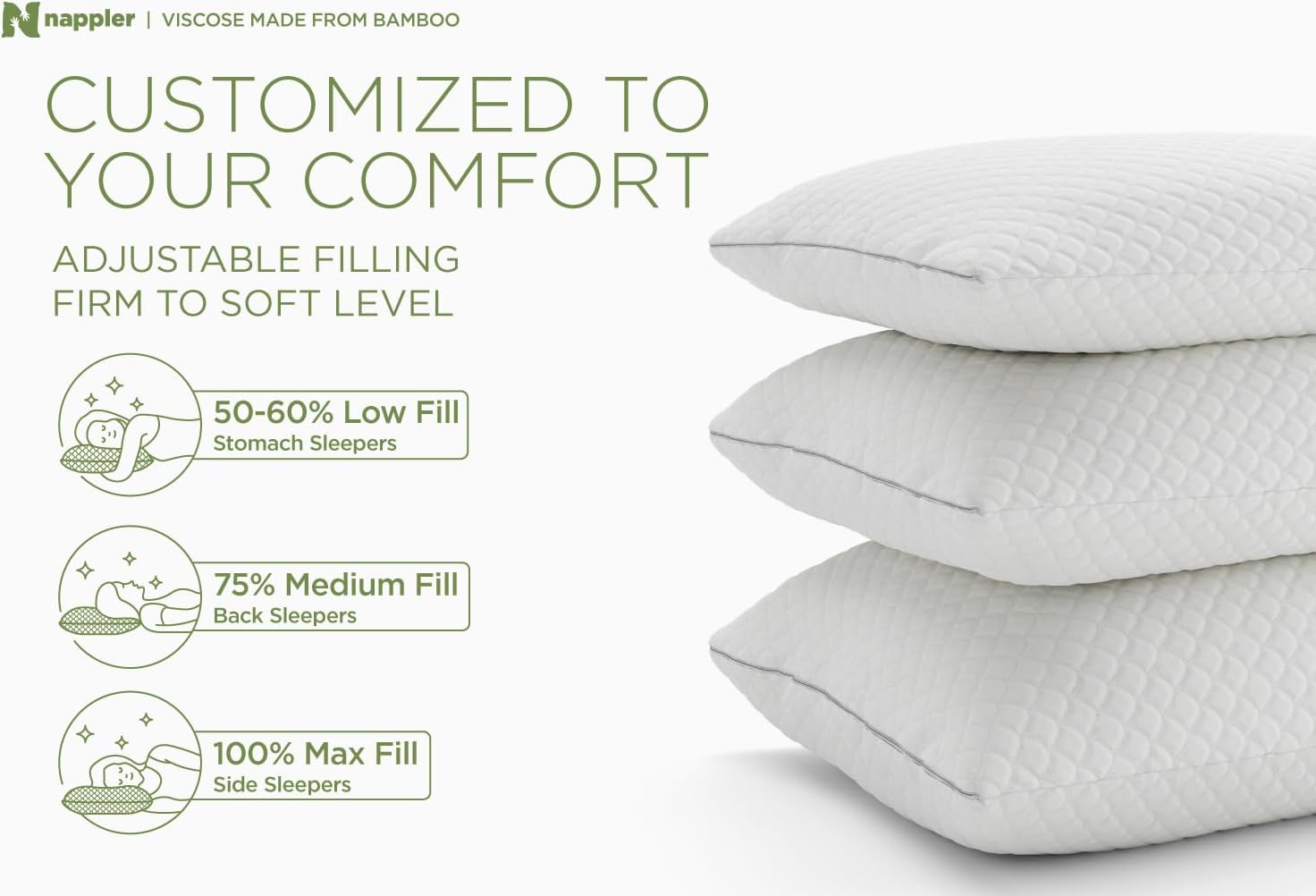 Nappler Cooling Pillow for hot Sleepers - Bed Pillows Queen Size Set of 2 - Adjustable Shredded Memory Foam - Medium to Firm Pillows for Ba…