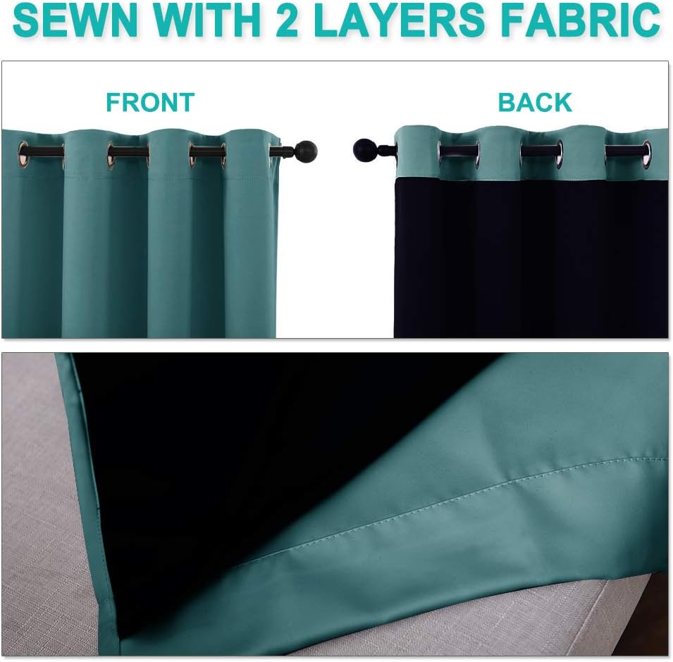 Nicetown 100% Blackout Curtains 45 inches Long, Sea Teal, 1 Pair, 42 inches Width Each Panel, 2 Thick Layers Completely Blackout Window Tre…
