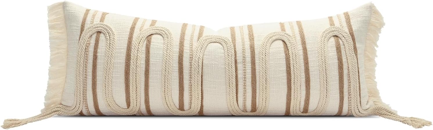 Aibuhome Beige Boho Body Pillow Cover 14x36 Inches, Handwoven Cotton Linen Lumbar Pillow Cover with Tassels, Farmhouse Decorative Cushion C…