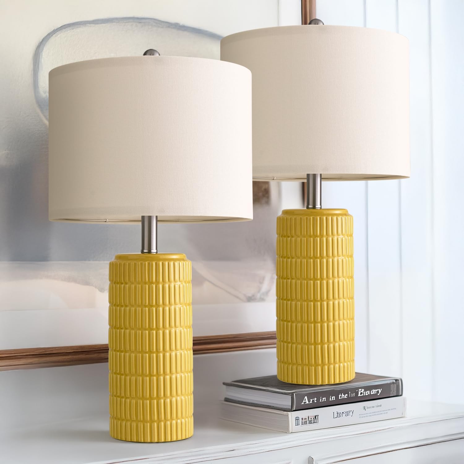 PoKat 23" Yellow Table Lamps Set of 2, Modern Living Room End Table Lamps Decor, Ceramic Lamps for Living Room, Contemporary Nightstand…