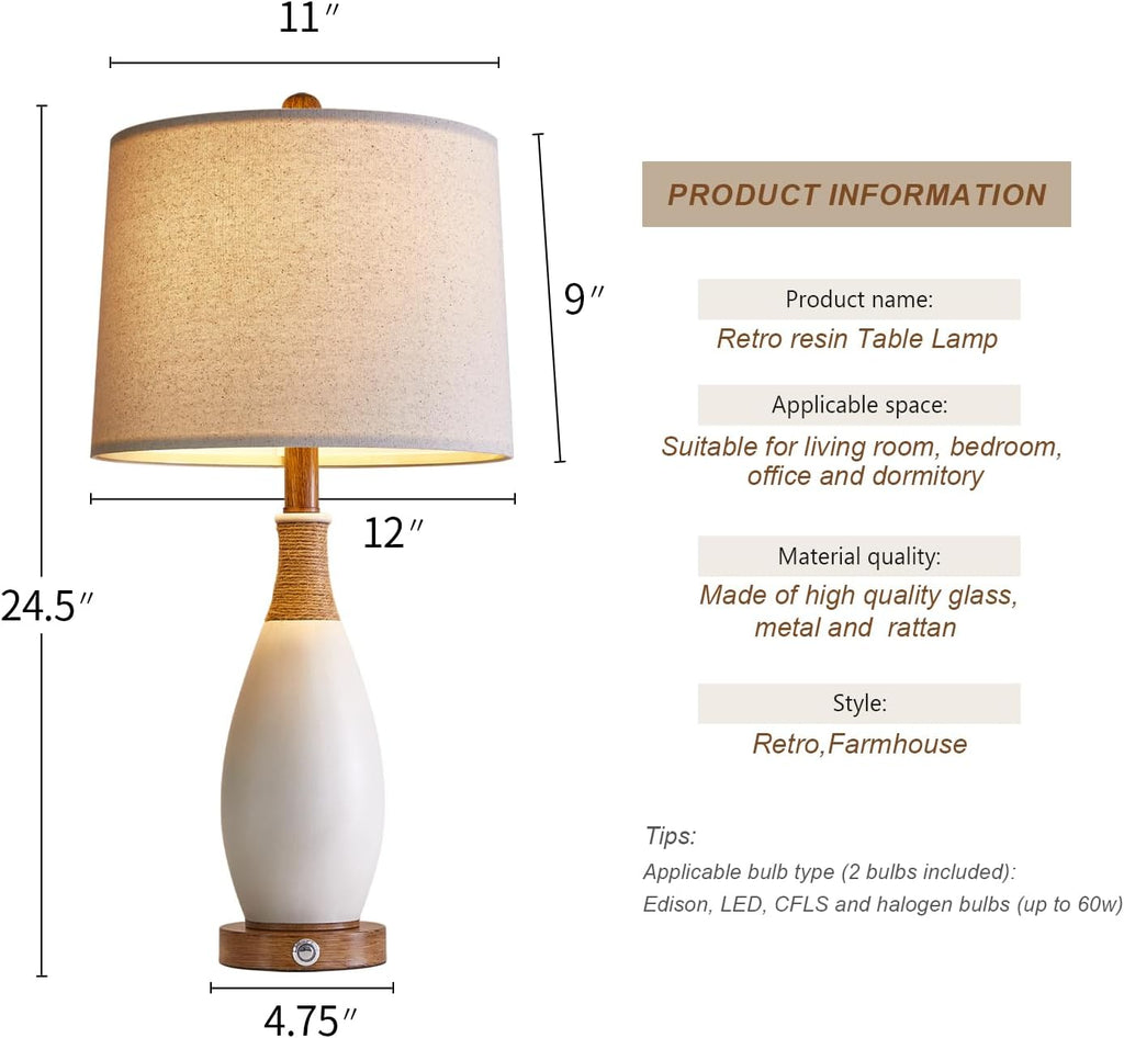 OYEARS 24.5” 3-Way Dimmable Touch Control Bedside Table Lamp Set of 2 with USB and Type-C Charging Ports Modern Farmhouse Nightstand Lamp…