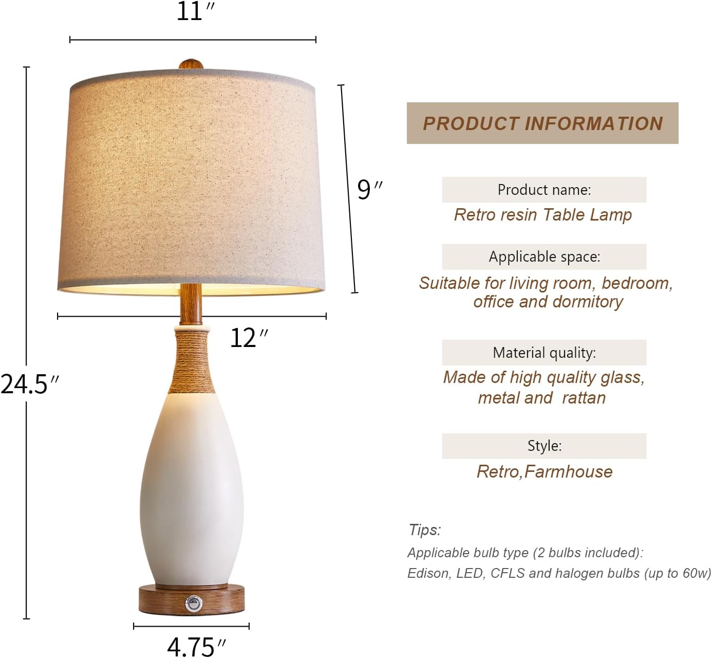 OYEARS 24.5” 3-Way Dimmable Touch Control Bedside Table Lamp Set of 2 with USB and Type-C Charging Ports Modern Farmhouse Nightstand Lamp…