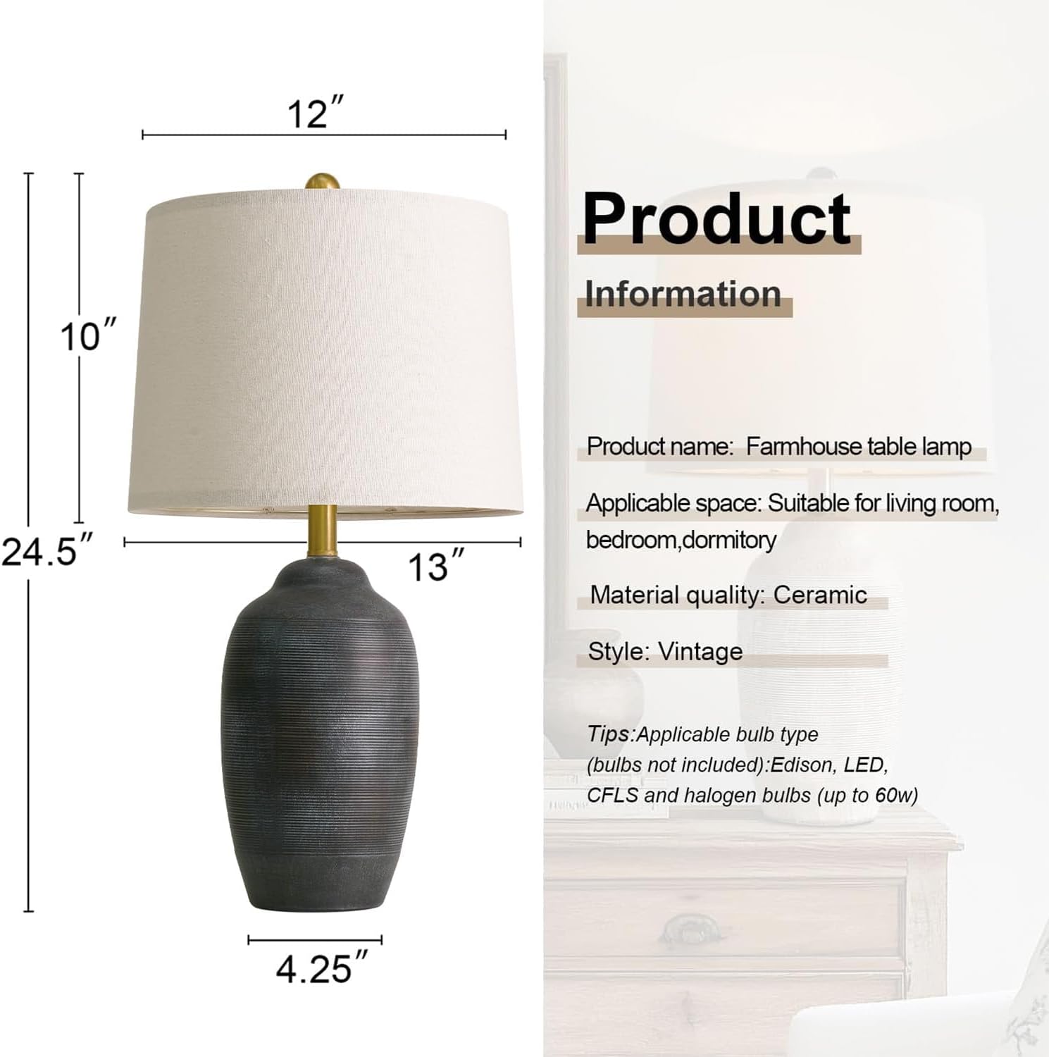 USumkky 24.5" Vintage Ceramic Table Lamp with 5FT Cord- Single Farmhouse Rustic Bedside Lamp with Natural Textured Finish, Nightstand…
