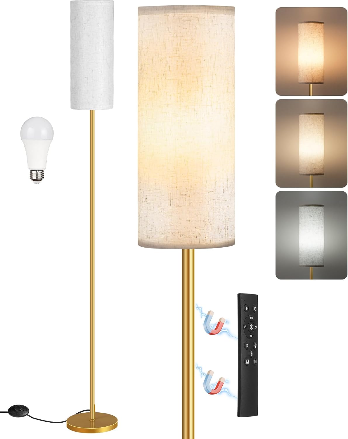 Dimmable Floor Lamps for Living Room with Remote and Foot Switch, 64.4” Modern Standing Tall Lamp, Corner Lamp for Bedroom, Bulb…