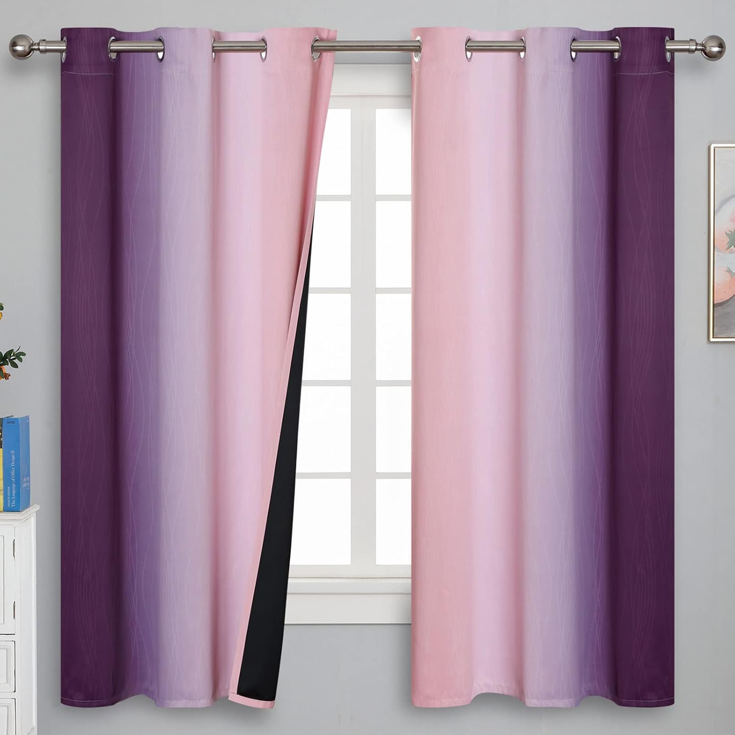Estelartextiler Pink&Purple Curtains 63 Inch Length 2 panels, Full Light Blocking Ombre Blackout Curtains for Kids Room, Thermal Insulated…
