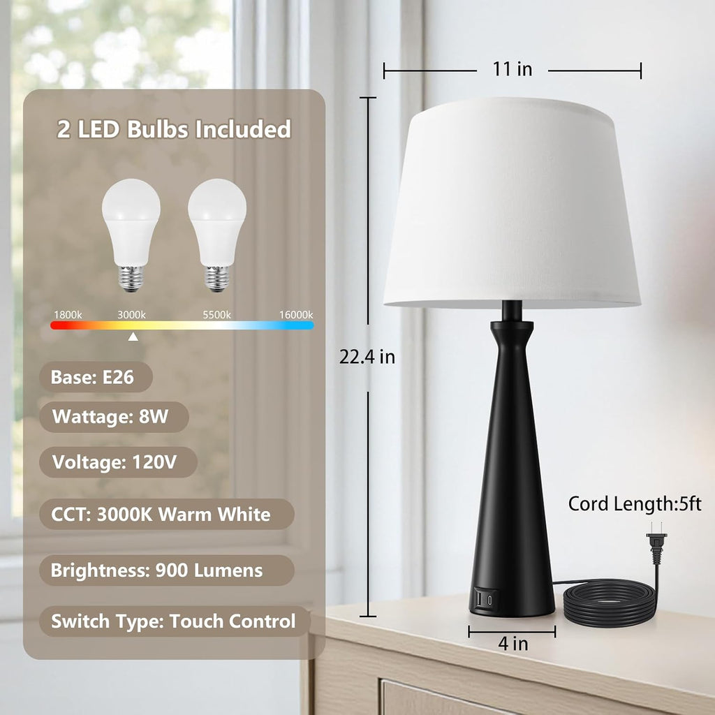 Seealle Modern Table Lamps Set of 2 - Touch Bedside Lamp for Nightstand with Dual USB C+A,3-Way Dimmable Black Nightstand Lamps for…