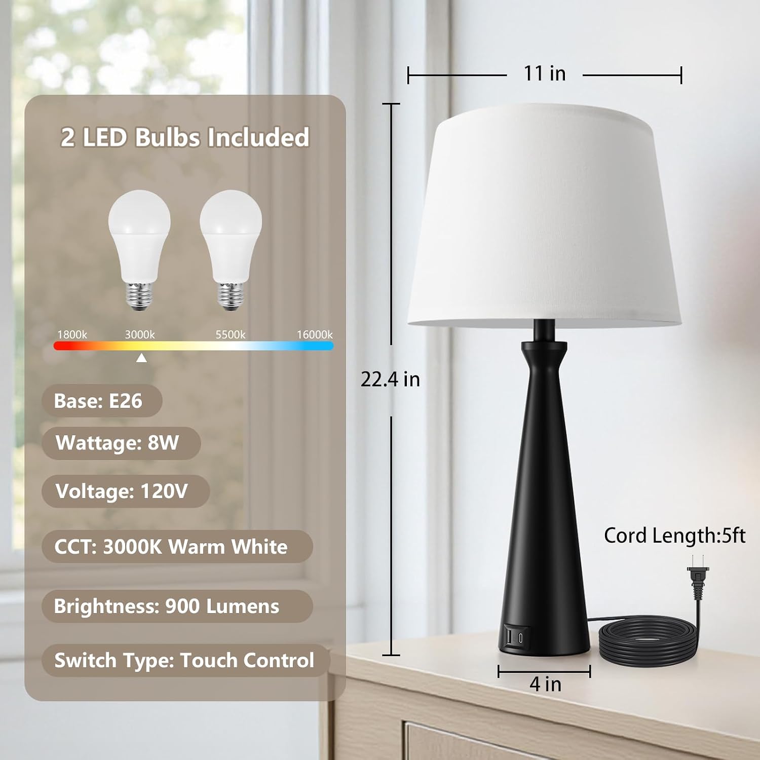Seealle Modern Table Lamps Set of 2 - Touch Bedside Lamp for Nightstand with Dual USB C+A,3-Way Dimmable Black Nightstand Lamps for…
