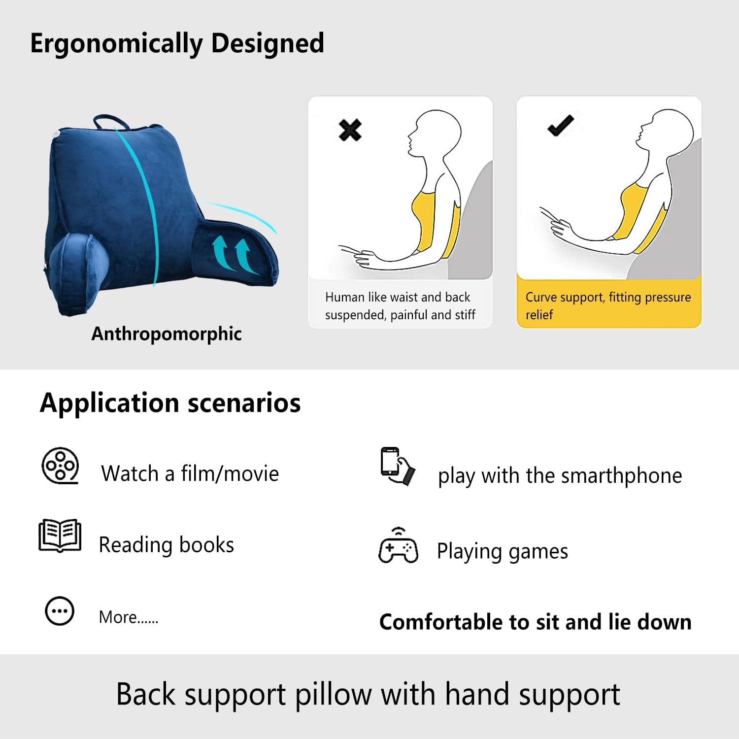 Bed Reading Pillow, Lying or Sitting Up, Back Pillow with Hand Support, for Bed/Sofa/Seat Reading, Mobile Phone, Gaming, TV Watching and…
