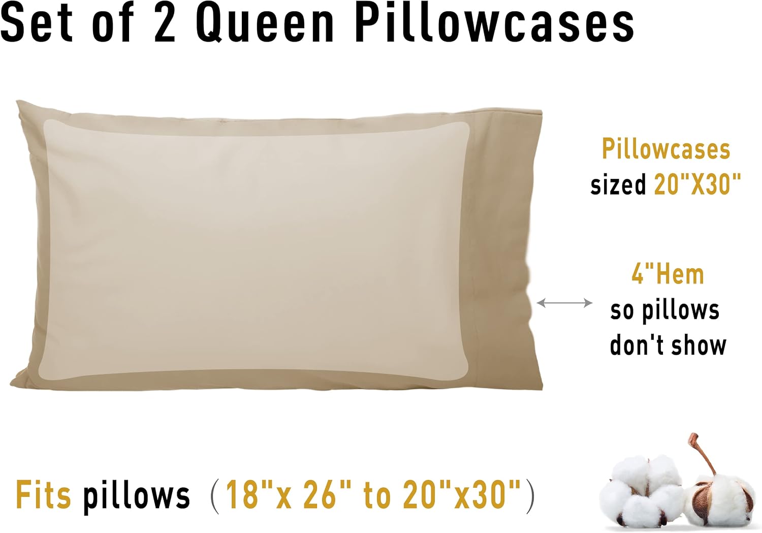 Sunflower Queen Pillowcases Set of 2, 100% Cotton Queen Size Pillow Cases 2, 20×30 inches Sandshell, Soft and Breathable