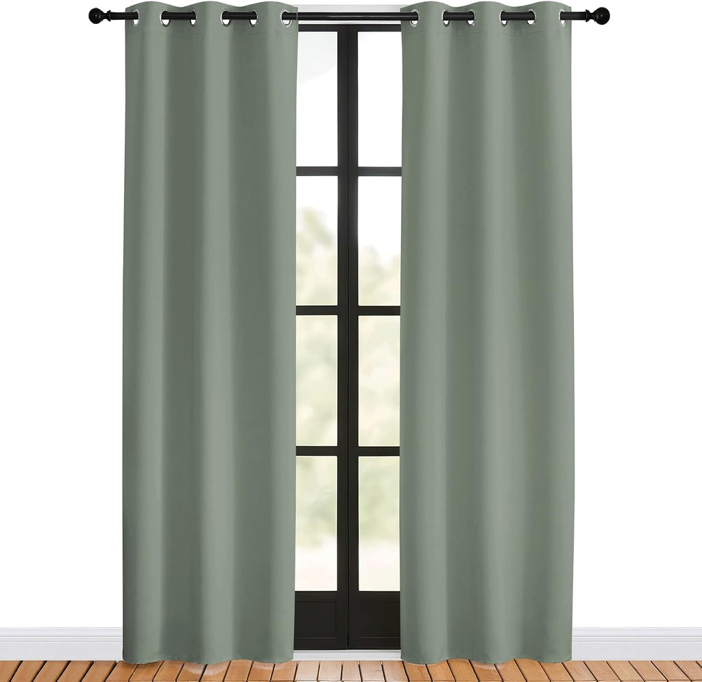 NICETOWN Window Curtain Panels, Greyish Green, 1 Pair, 34 by 80-inch, Thermal Insulated Solid Grommet Blackout Draperies/Drapes for Basement