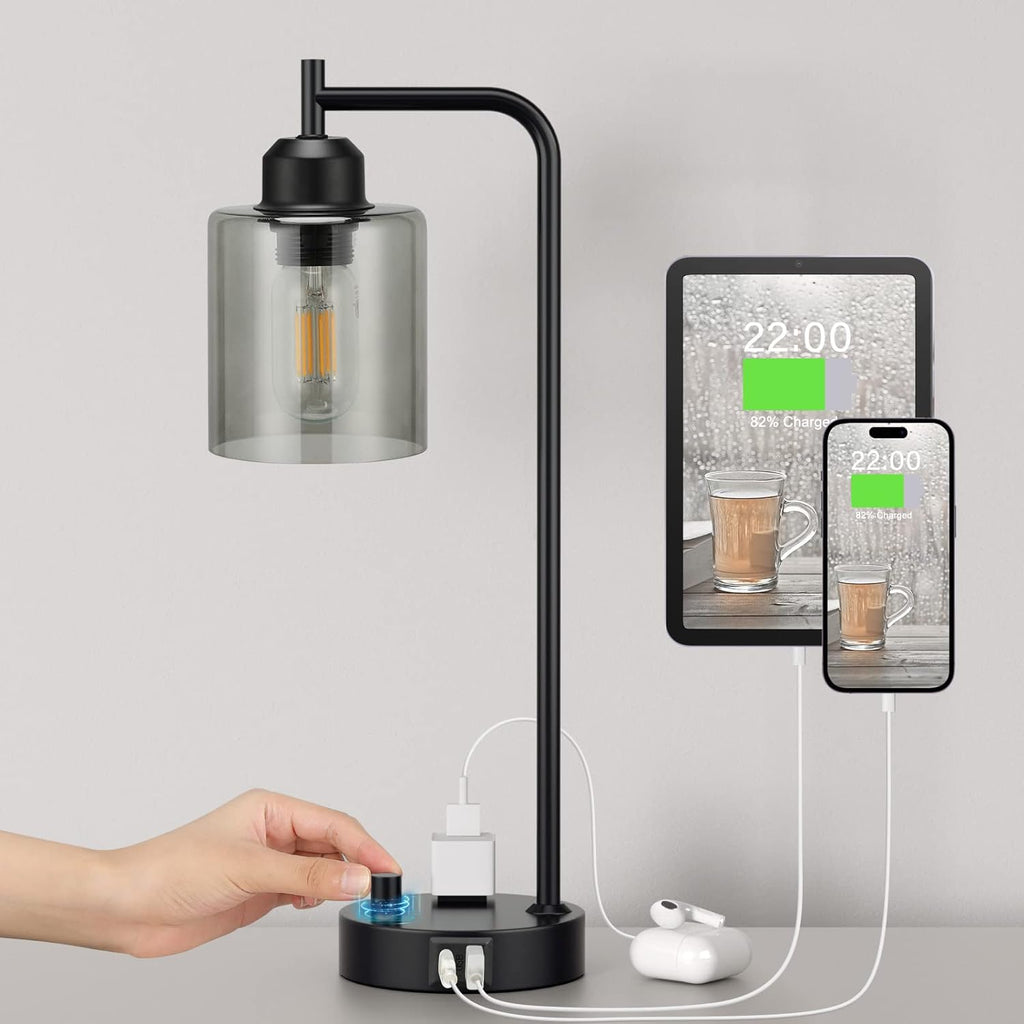Industrial Bedside Desk Lamps for Bedroom - Grey Smoked Glass Shade Table Lamp with USB C Port, Fully Dimmable Small Lamps with USB Port…