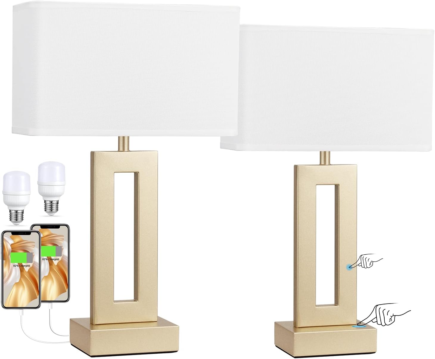 Seealle Bedroom Table Lamps Set of 2 - Touch Bedside Lamps with USB C+A, 3 Way Dimmable Gold Lamp for Nightstand, Modern Night Stands…