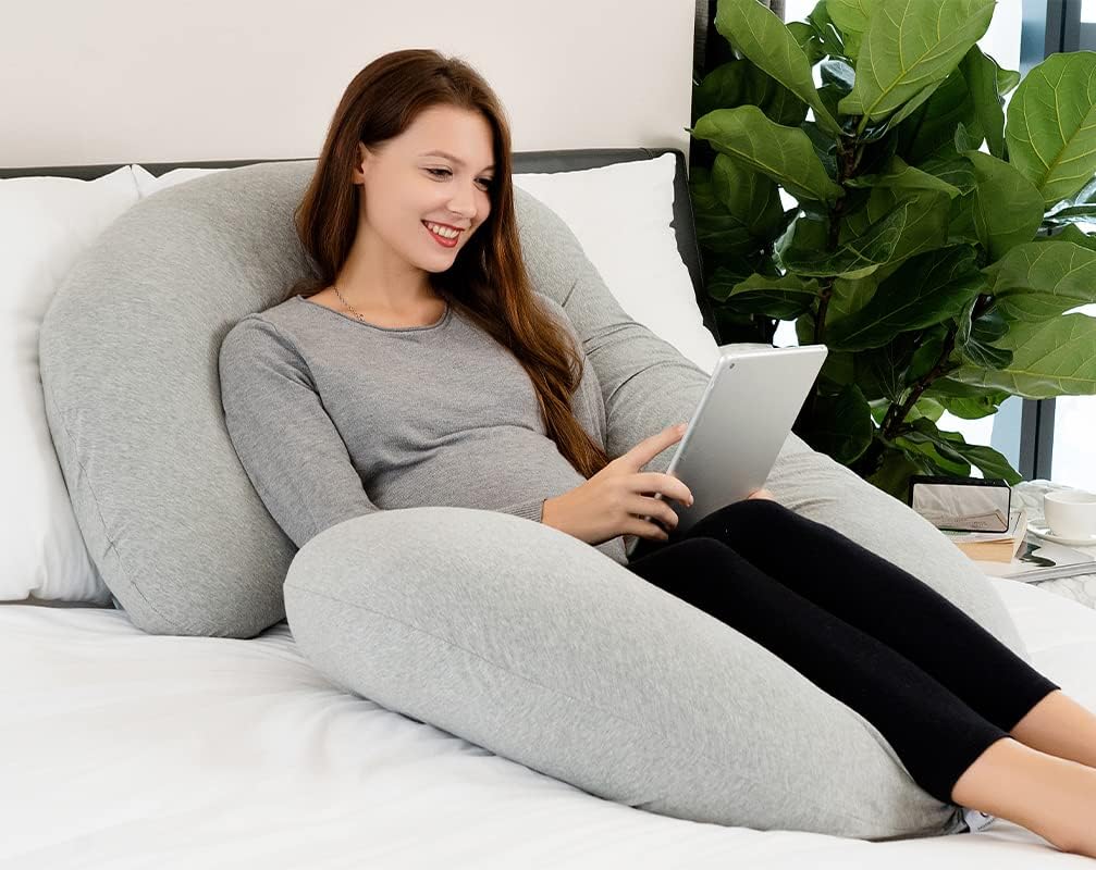 INSEN Pregnancy Pillow for Sleeping, Maternity Pillow with Jersey Cotton Cover, C Shaped Body Pillow for Pregnant (Natural Gray)