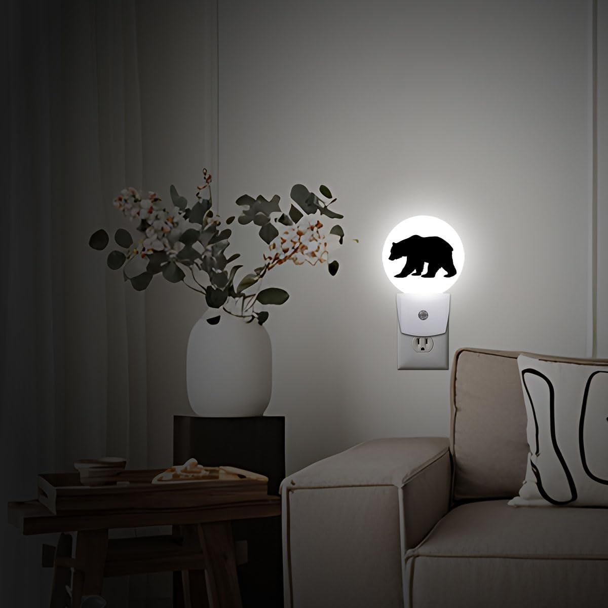 Black Bear Night Light Plug Into Wall Auto Led Sleep Round Lamp for Living Room Hallway Stairs