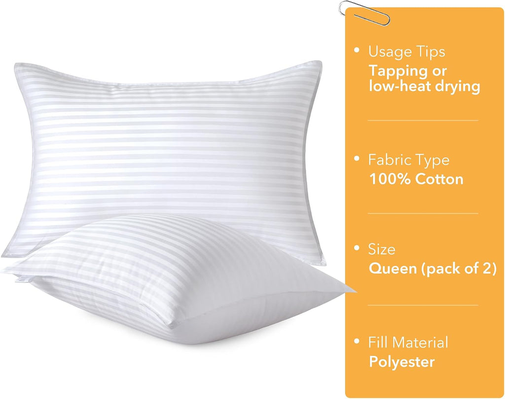 Oubonun Queen Size Pillows Set of 2 - Fluffy & Supportive Down Alternative Pillows with Zippered Cotton Cover - Breathable and Cool for All…