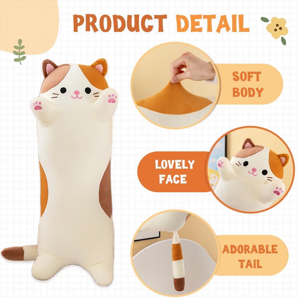 Cat Plush Stuffed Animals Cute Long Cat Body Pillow Plushies Soft Huggable Kitty Pillows for Girls Kids Adults Cat Lovers (New Beige…