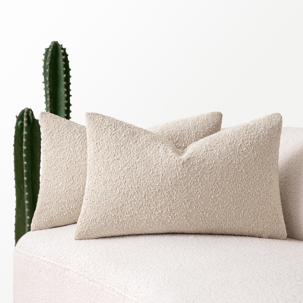 Miulee 12x20 Inch Decorative Lumbar Pillow Covers for Bed Set of 2 Textured Boucle Neutral Throw Pillow Covers Oatmeal Accent Solid Pillowc…