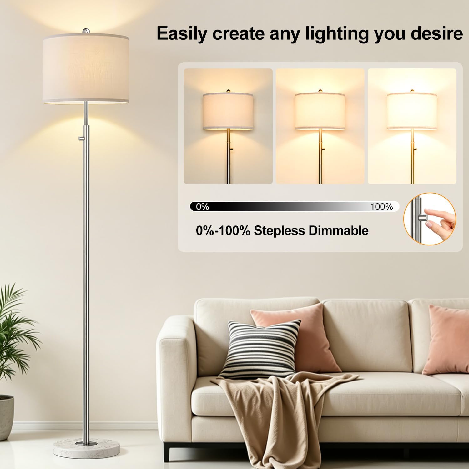 Upgraded】 Dimmable Floor Lamp for Living Room, 11W LED Bulb Included, Modern Standing Lamp with Marble Base, Tall Pole Light with Linen…