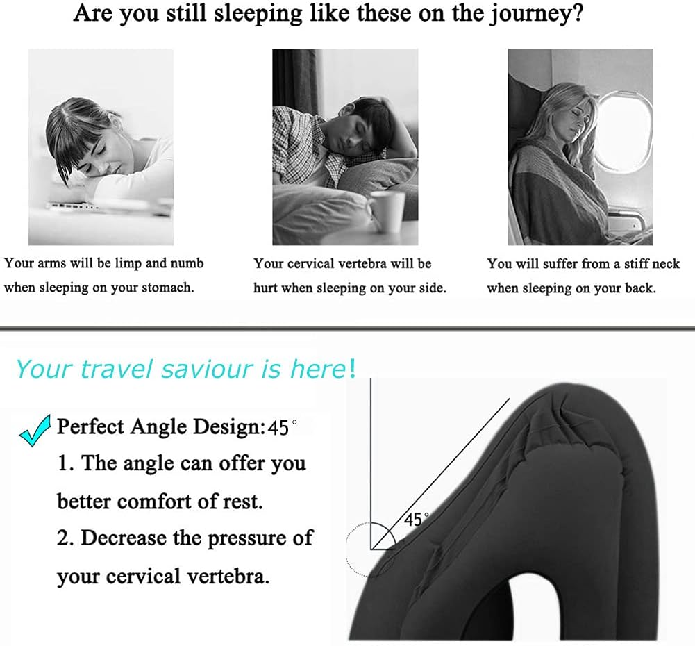 Inflatable Travel Pillow, Airplane Neck Pillow for Sleeping, Supports Head and Chin for Airplanes, Trains, Cars and Office Napping with 3D…