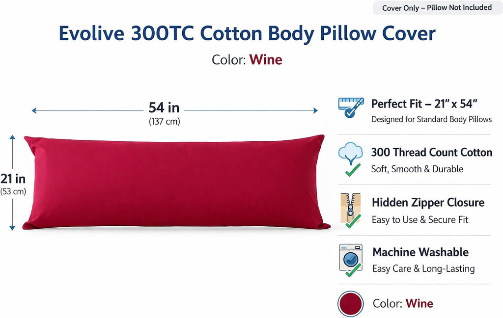 Evolive 300 Thread Count 100% Cotton Body Pillow Cover, 21" x 54", Soft Breathable Replacement Pillow Case with Hidden Zipper Closure (Red)…