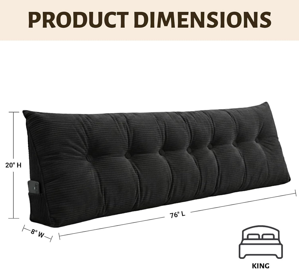 Wedge Reading Pillow Headboard King Size, Headboard Bolster Pillow for Bed, Triangular Backrest Cushion with Removable Corduroy Cover, Black
