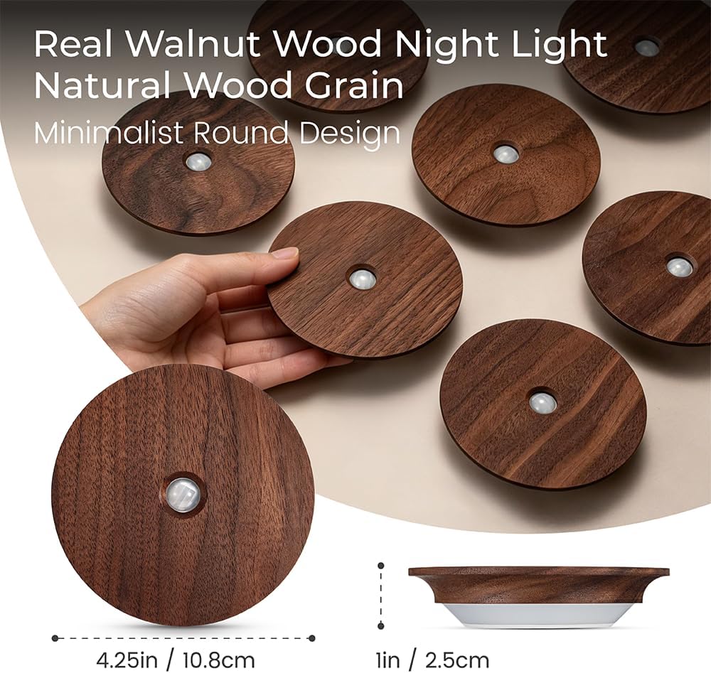 Motion Sensor Night Light Wood Rechargeable Battery-Powered Stick-On Step Lights Magnetic Closet Warm Nightlight for Hallway Bedroom…