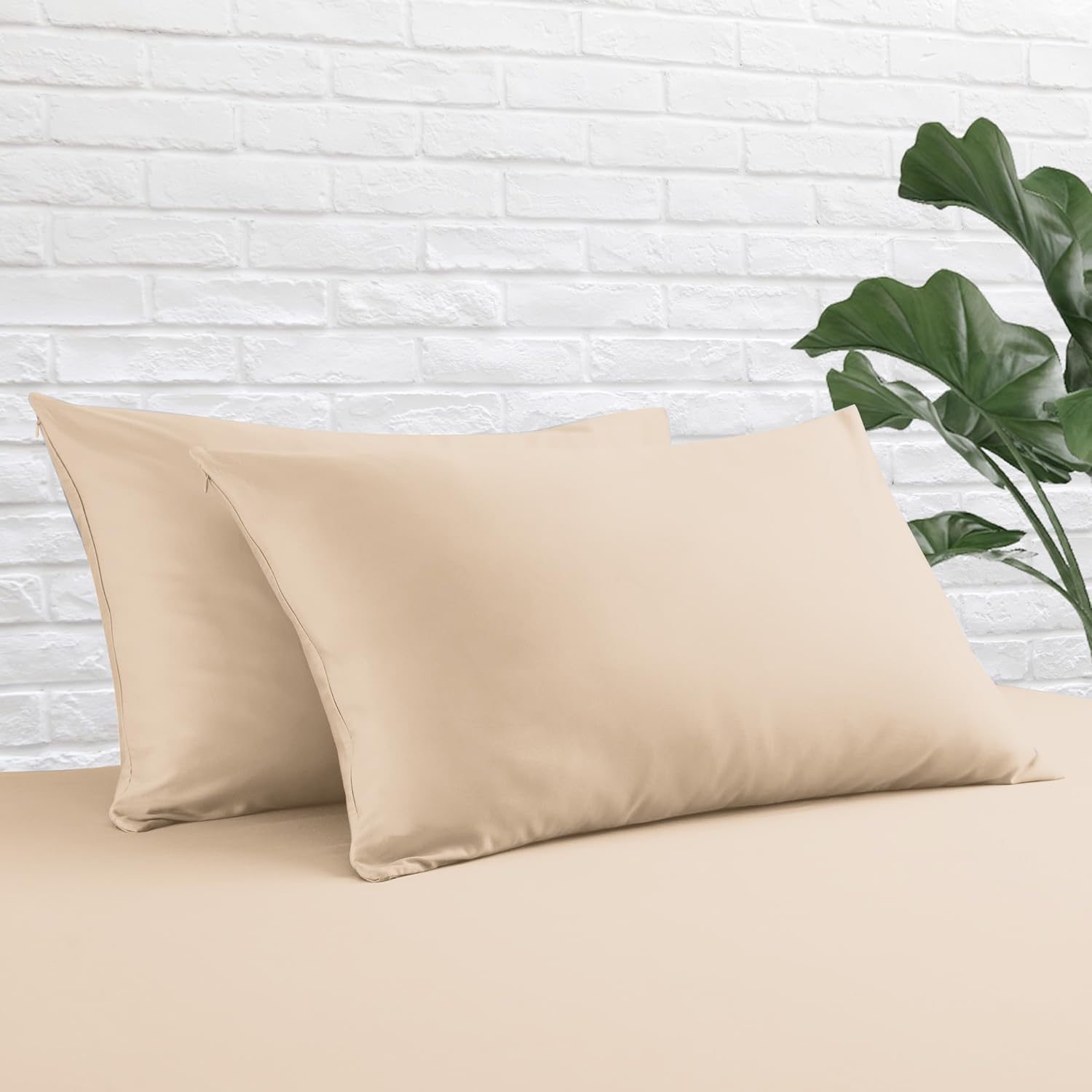 ZaizaiHome Queen Size Pillow Protector Set of 2, 100% Egyptian Cotton Pillow Cases with Zipper 400 Thread Count Sateen Weave Cotton Beige P…